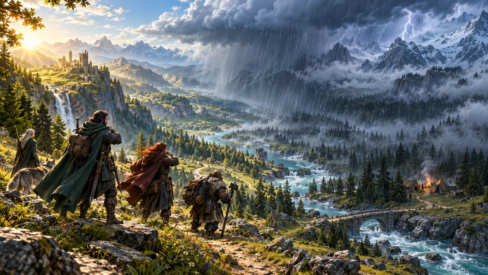 Fantasy editorial illustration of travellers watching changing weather across a mountain valley