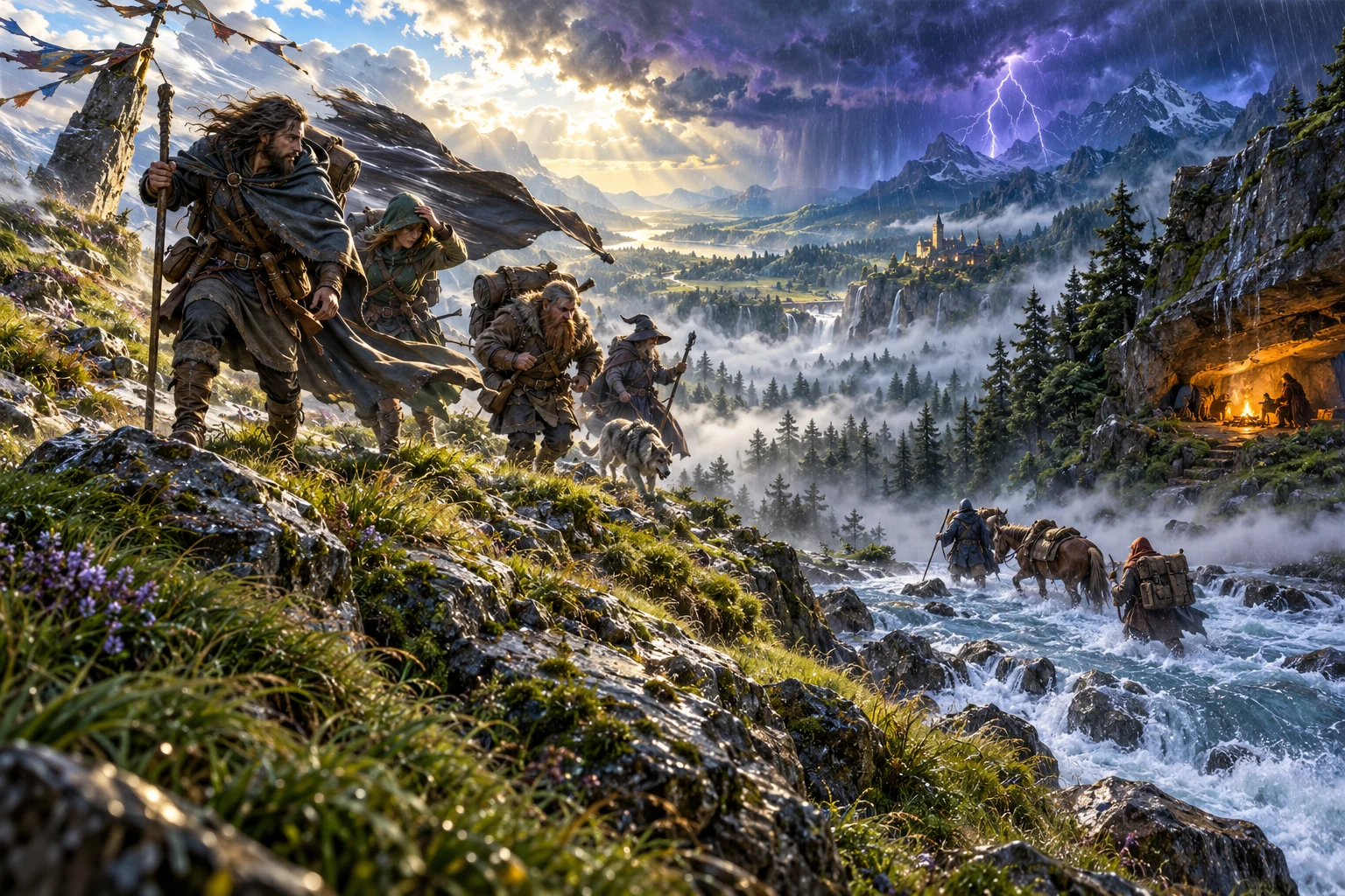 Fantasy editorial illustration of travellers choosing shelter and a route as weather changes