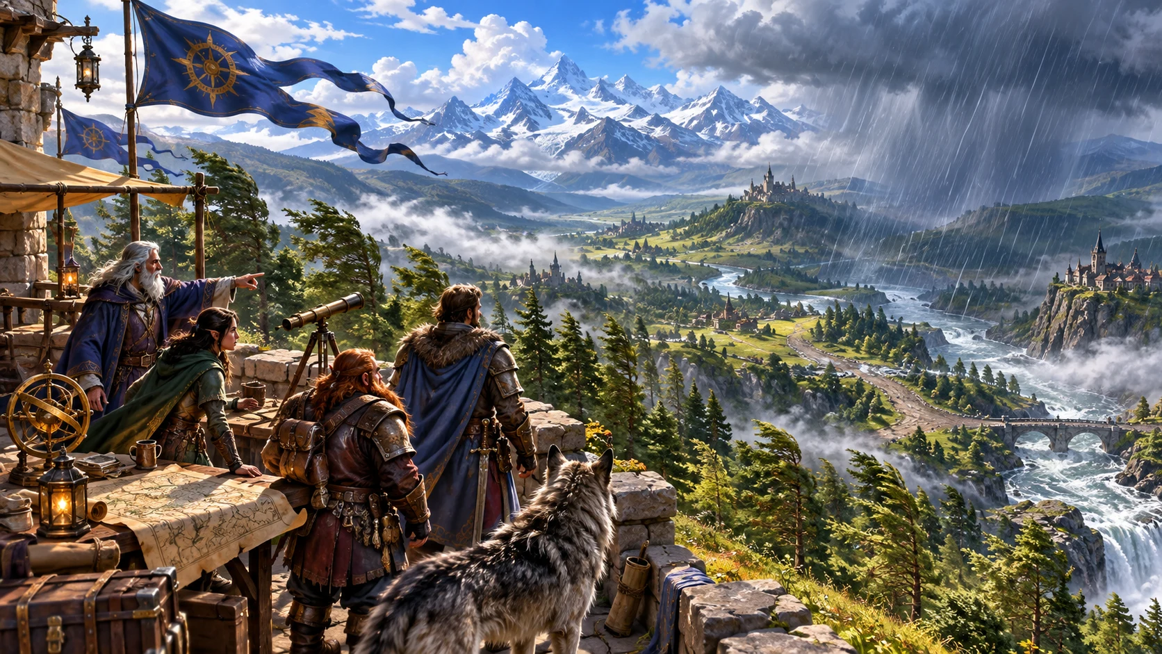 Fantasy editorial illustration of a group reading weather signs across a valley